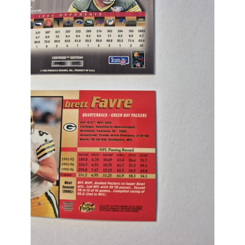 Brett Favre 2 Card Lot 1995 Pinnacle Select Certified & Bowman's Best Green Bay